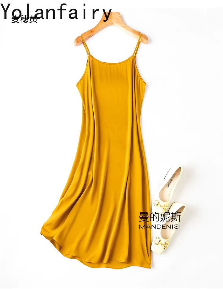 YOLANFAIRY 19momme 93% Mulberry Silk Spaghetti Strap Dress for Women Elegant Mid-length Sexy Real Silk Summer Dresses Woman 원피스