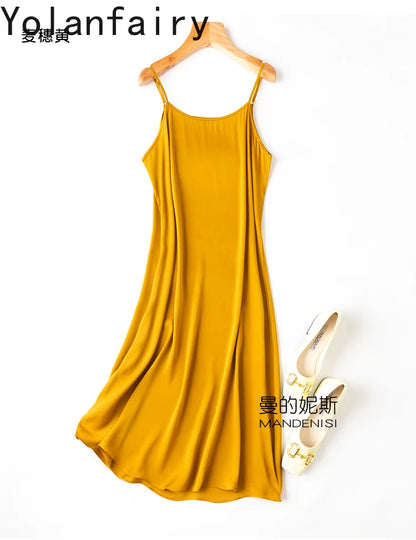 YOLANFAIRY 19momme 93% Mulberry Silk Spaghetti Strap Dress for Women Elegant Mid-length Sexy Real Silk Summer Dresses Woman 원피스