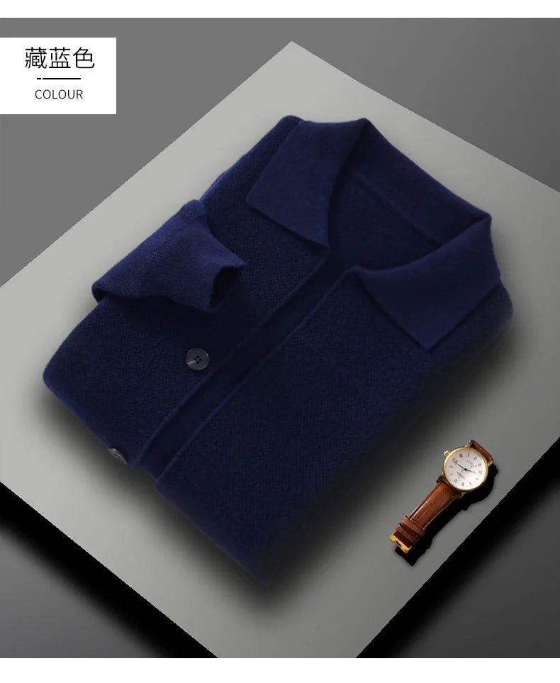 100% Merino Wool Men's Lapel Collar Knit Cardigan Autumn Winter Thicken Solid Color POLO Neck Suit Shirt Cashmere Jacket Sweater