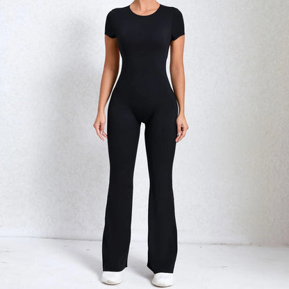 Women's Tracksuit Yoga Set Backless Jumpsuits Back V One Piece Fitness Rompers Short Sleeves Sportswear Gym Set Workout Clothes