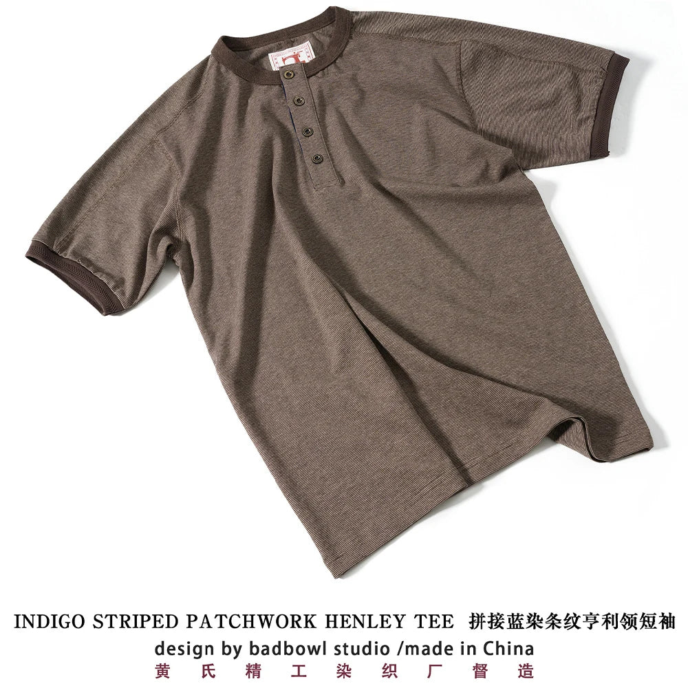 Men's American Retro T-shirt Heavyweight Loose Fit Short Sleeve Henry Collar Neutral Design Casual Loose Shirt