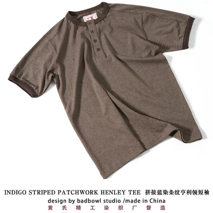 Men's American Retro T-shirt Heavyweight Loose Fit Short Sleeve Henry Collar Neutral Design Casual Loose Shirt