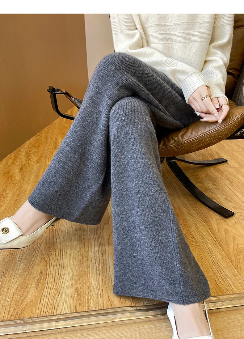 DjzDsm Women's Autumn Spring Knitted Floor-Length Wide Leg Pants 100% Merino Wool Long Trousers