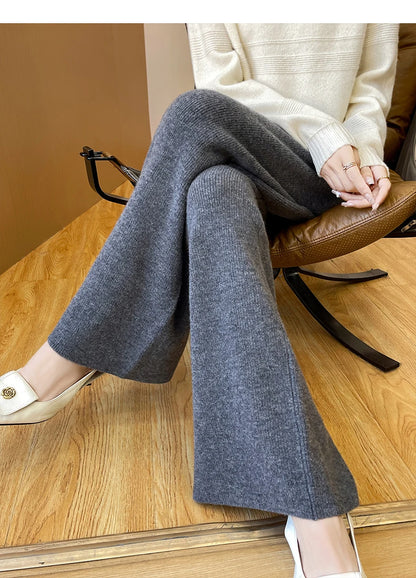 DjzDsm Women's Autumn Spring Knitted Floor-Length Wide Leg Pants 100% Merino Wool Long Trousers