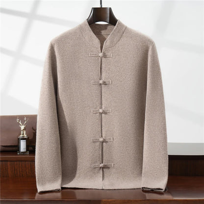 100%Pure Wool Chinese style buckle Cardigan Men Sweater Casual Comfort Knitted Long Sleeve Men's Wool Sweater Spring Autumn Coat