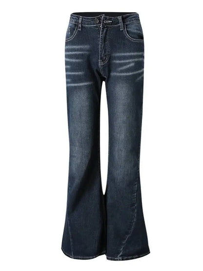 DEAT Fashion Flared Denim Jeans Women's Mid Rise Whiskered Wash Dark Blue Bootcut Jeans Summer New