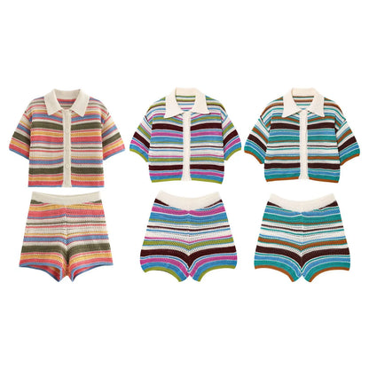 Women Patchwork Striped Hollow Out Crochet Knitted Crop Sweater Shorts Set Short Sleeve Polo Collar Sweater Knit Shorts Suit Y2K
