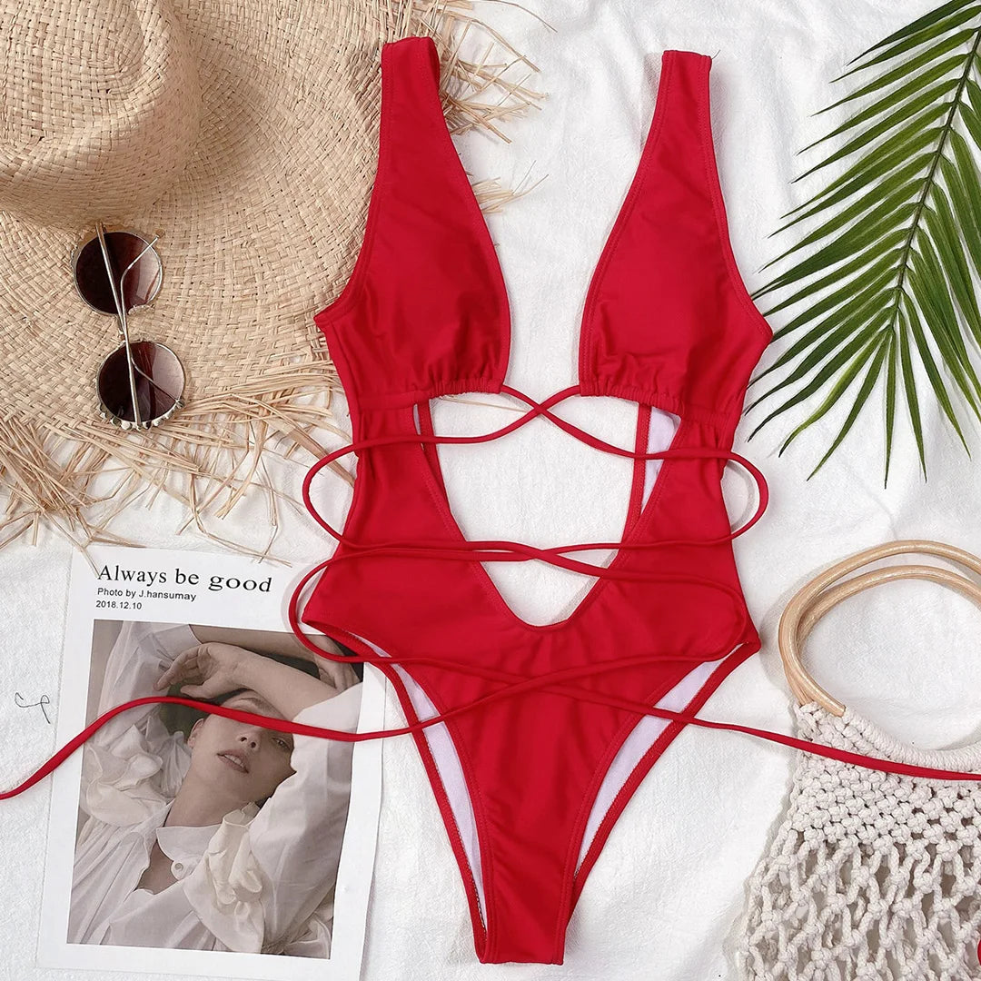 Sexy Bandage Wrap Around Tummy Cut Out Deep V Monokini One Piece Swimsuit Women Swimwear Female Bather Bathing Suit Swim V1037