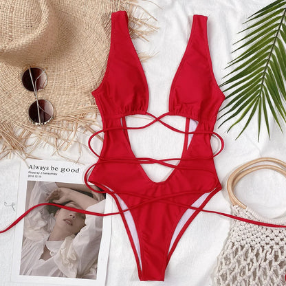 Sexy Bandage Wrap Around Tummy Cut Out Deep V Monokini One Piece Swimsuit Women Swimwear Female Bather Bathing Suit Swim V1037