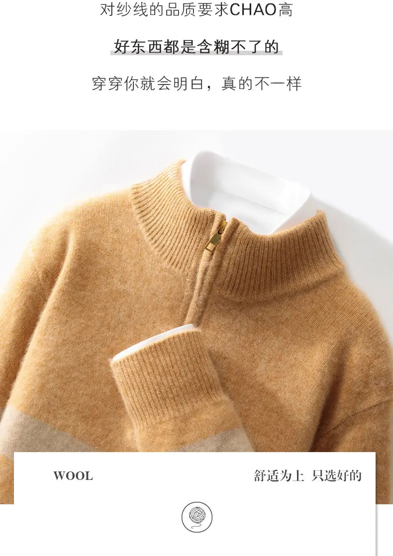 Men's 100% Merino Wool Sweater Half-high Collar Half Zip Thick Pullover Autumn Winter Cashmere Stripe Knitwear Long Sleeved Tops