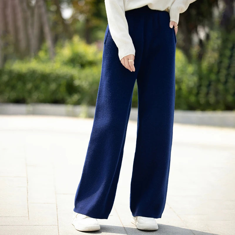 DjzDsm Women's 100% Merino Wool Wide Leg Straight Leg Pants Autumn Winter Thickened Comfortable Fit Trousers