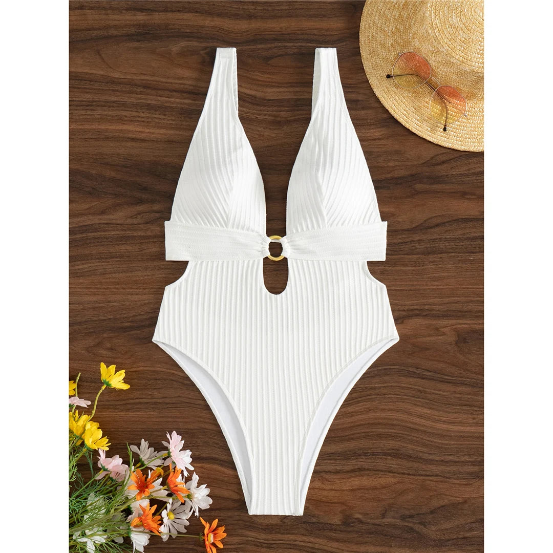 Sexy 8 Colors Deep V Neck Cut Out One Piece Swimsuit Women Swimwear Female High Leg Cut Monokini Bather Bathing Suit Swim V7177