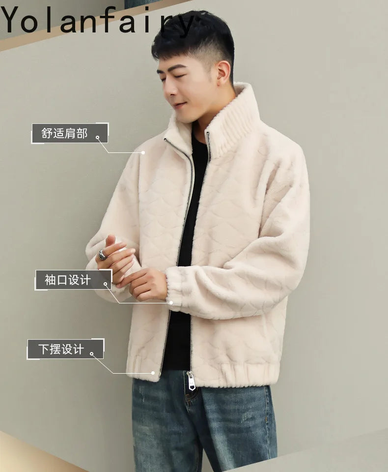 YOLANFAIRY Winter 100% Sheep Shearing Jacket Man Clothing Fashion Stand Collar Granular Lamb Fur Coat Men's Jackets chaqueta