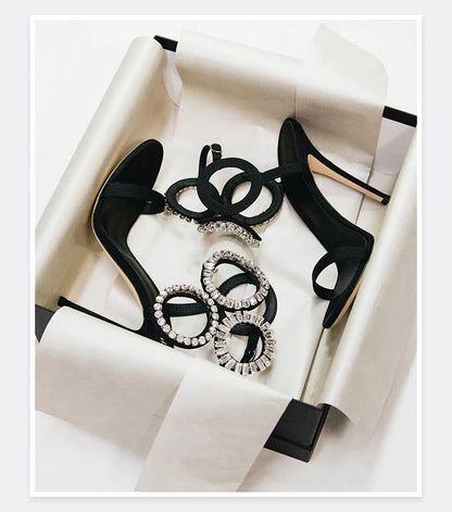 2024 New Dress Wedding Shoes with One Word Water Diamond Fine Heel Roman Women's Sandals