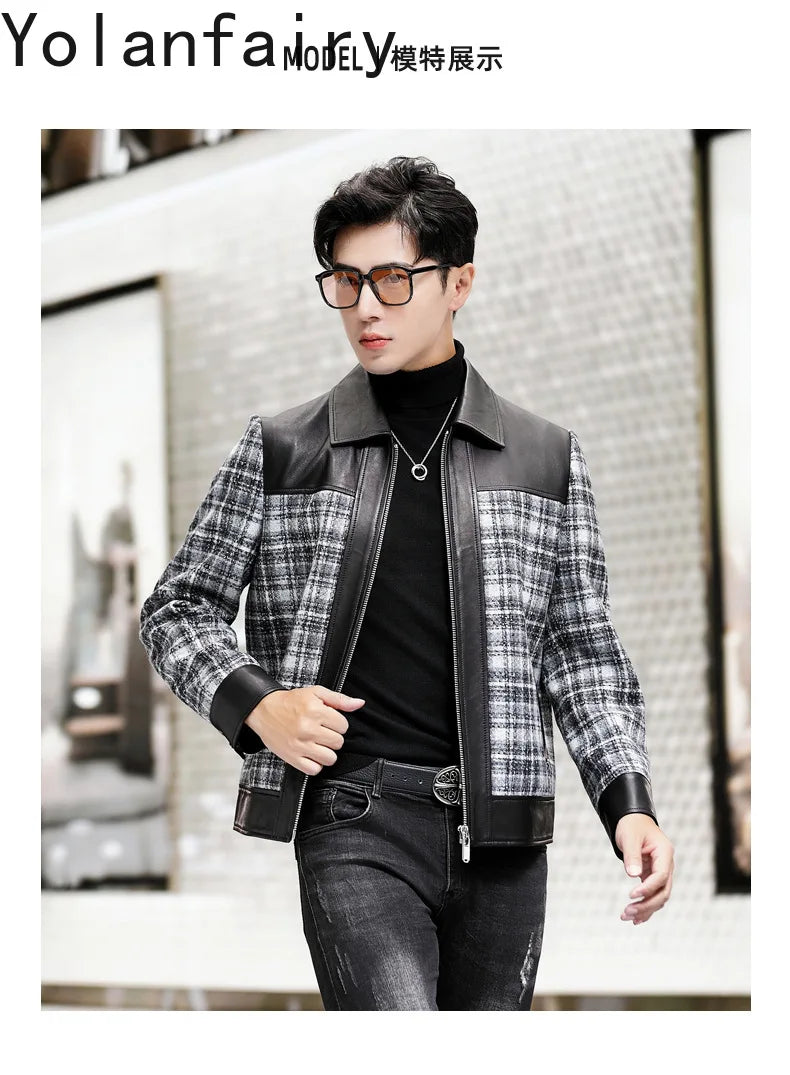 YOLANFAIRY Plaid Wool Spliced Genuine Sheepskin Jacket for Man Spring Autumn Short Woolen Coat Turn Down Collar abrigo hombre