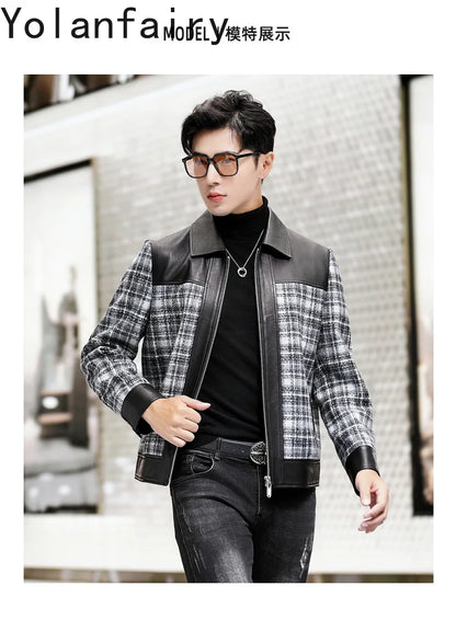 YOLANFAIRY Plaid Wool Spliced Genuine Sheepskin Jacket for Man Spring Autumn Short Woolen Coat Turn Down Collar abrigo hombre