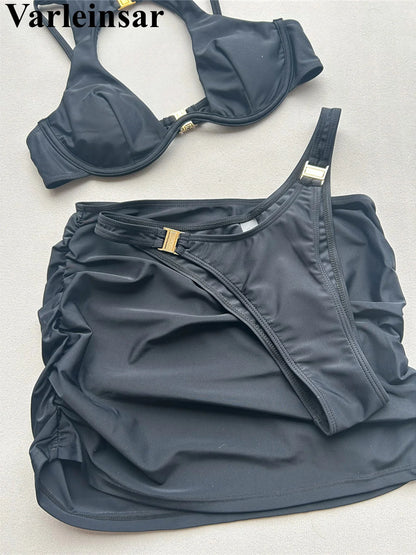 3PCS With Skirt Underwired Cut Out Bikini Women Swimwear Female Swimsuit Three-pieces Bikini set Bather Bathing Suit Swim V7733