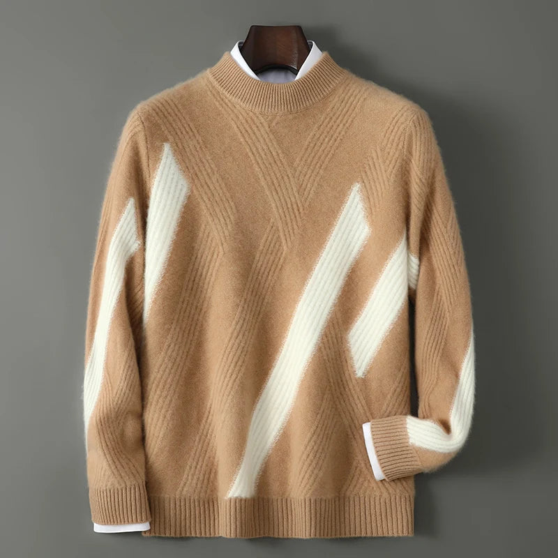 2025 Winter New Product Launch Men's Round Neck Jacquard Cashmere Knit Pullover 100% Pure Wool Men's Sweater Casual Thick Warm