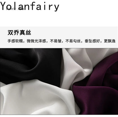 YOLANFAIRY 93% Real Mulberry Silk Shirts for Women Spring 2026 Elegant Solid Long Sleeve Shirt Woman Top Ribbon OL Blouses Trend