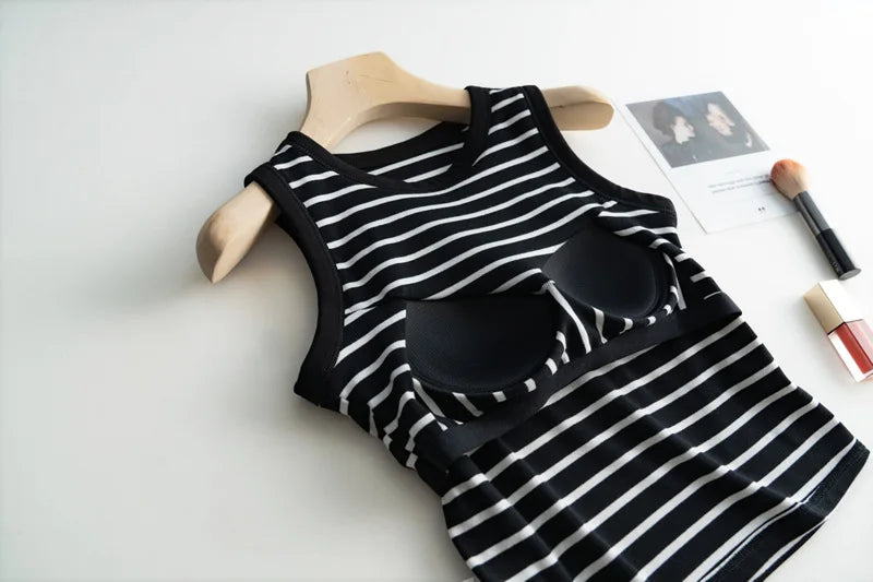 2026 Summer New Women's Tank Top Pajamas All Cotton with Chest Pads Tank Top with Stripe Sports Bottom Short Home Fur Ladies