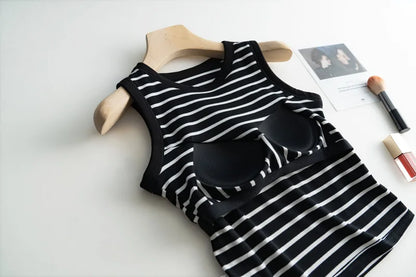 2026 Summer New Women's Tank Top Pajamas All Cotton with Chest Pads Tank Top with Stripe Sports Bottom Short Home Fur Ladies