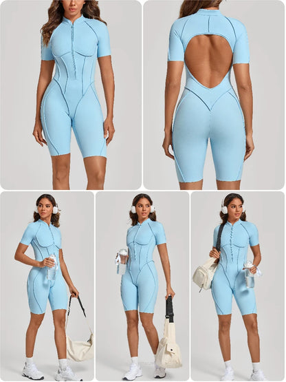 VITALINOVO Women Short Sleeve Workout Jumpsuit Backless Zip Up Romper Bottom Shorts Built-in Bra Bodysuit Bodycon Sexy One Piece