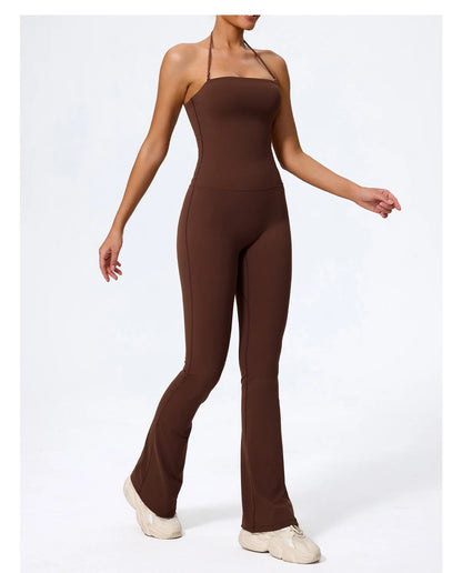 New Summer Women Sleeveless Hang Neck Jumpsuit Backless Flared Activewear Female Yoga Clothes Sport Outfit For Woman Overalls