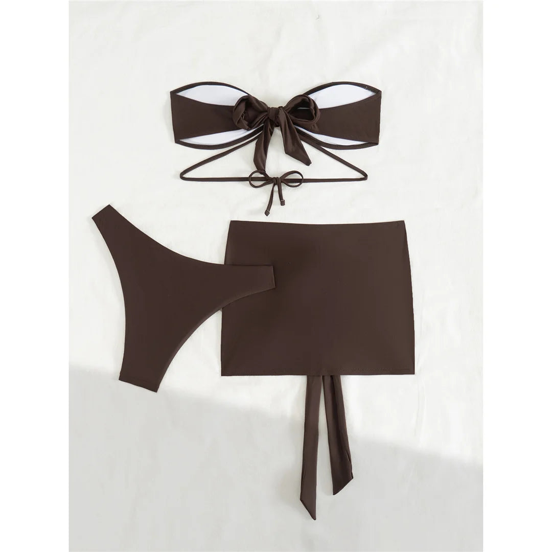 New Bandeau With Skirt Bikini Women Swimwear Female Swimsuit Three-pieces Bikini set High Leg Cut Bather Bathing Suit Swim V6264