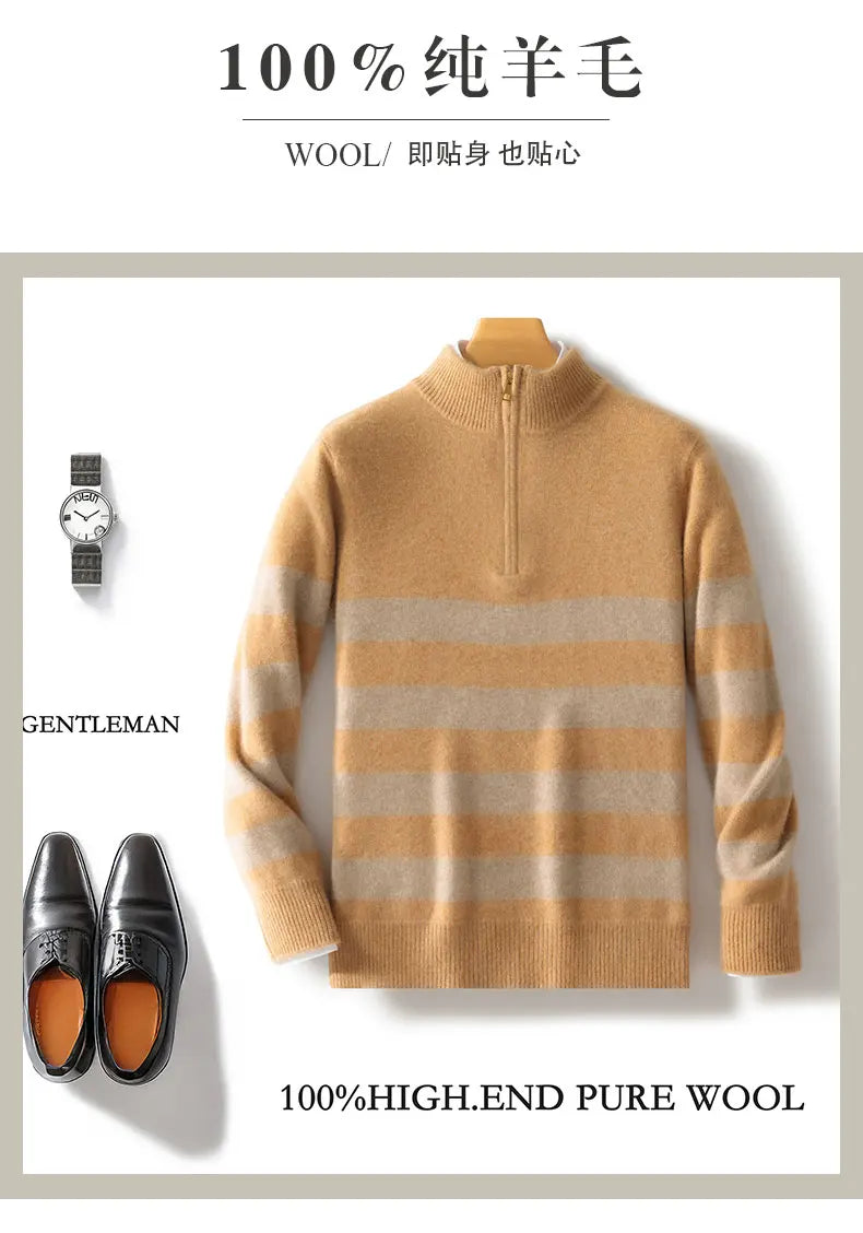 Men's 100% Merino Wool Sweater Half-high Collar Half Zip Thick Pullover Autumn Winter Cashmere Stripe Knitwear Long Sleeved Tops