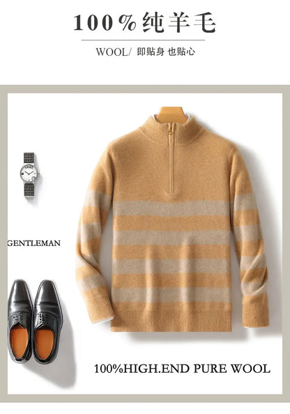 Men's 100% Merino Wool Sweater Half-high Collar Half Zip Thick Pullover Autumn Winter Cashmere Stripe Knitwear Long Sleeved Tops