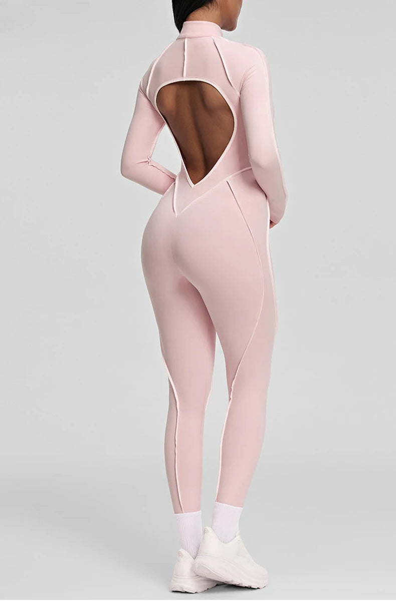 SOISOU Nylon Jumpsuit Women's Sport Yoga Fitness Set with zipper & chest cushion Bare Back High elastic soft fabric Gym Bodysuit