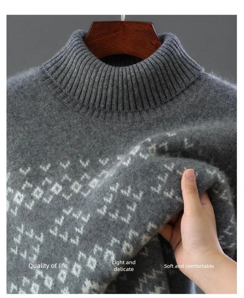 New 100% Pure Wool Cashmere Men's O-neck Pullover 2025 Autumn/Winter Color Matching Top Casual Thick Fashion Large Size Jacket