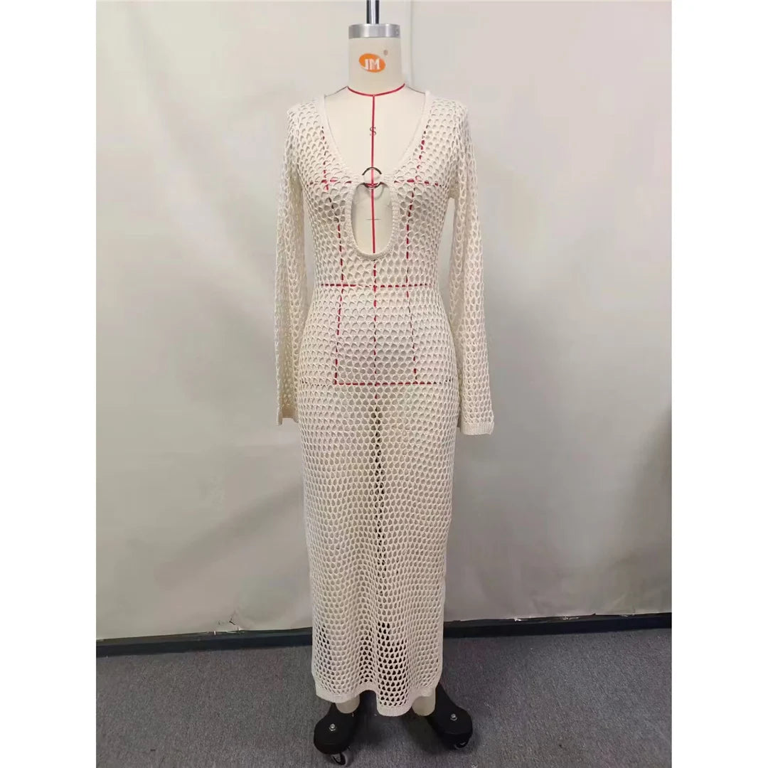 Sexy Hollow Out Long Sleeve Crochet Knitted Tunic Beach Dress Beach Wear Beachwear Beach Cover Up Cover-upsFemale Women V5567