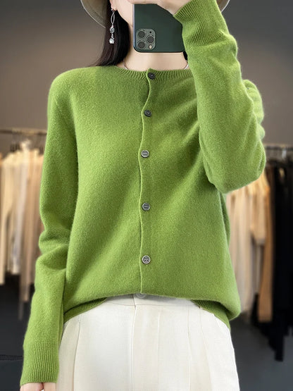 100% Merino Wool Sweater Women O-Neck Cardigan Basic Style  Buttoned Knitwear Female Casual Autumn Winter Soft Tops