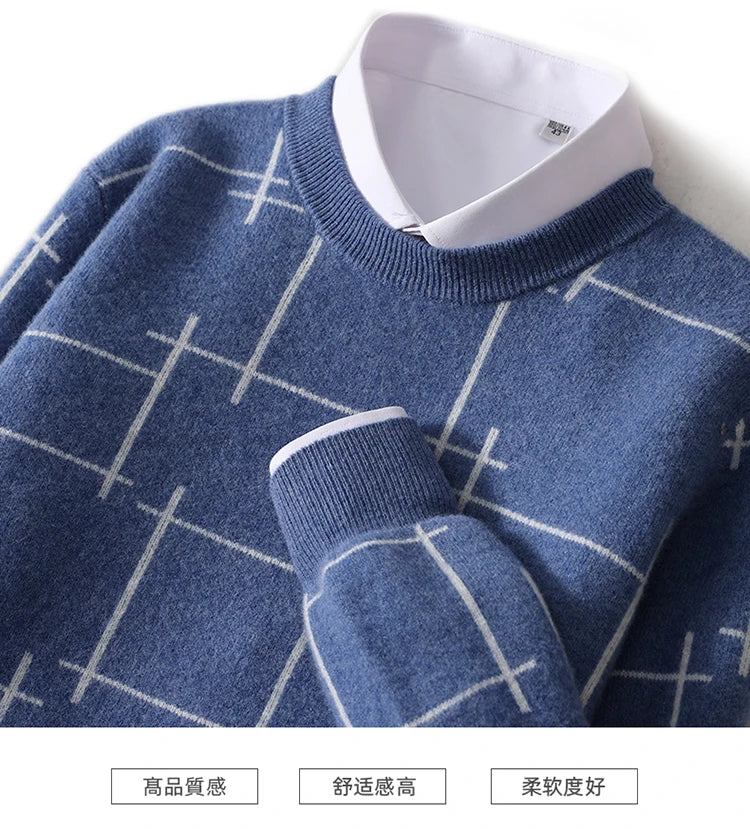 Autumn/Winter 100% Pure Wool Men's O-Neck Thick Business Sweater Loose Casual Wool Knit Bottoming Shirt Men's Sweater