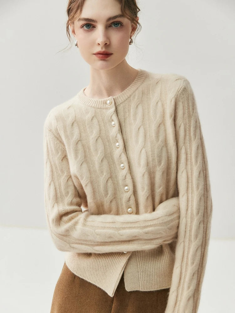 CHICUU Women's O-neck Cashmere Cardigan 100% Cashmere Sweater Cable Knit Preppy Style Cardigan Coat Autumn Winter Clothes Tops