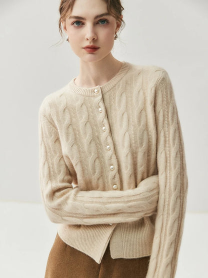 CHICUU Women's O-neck Cashmere Cardigan 100% Cashmere Sweater Cable Knit Preppy Style Cardigan Coat Autumn Winter Clothes Tops