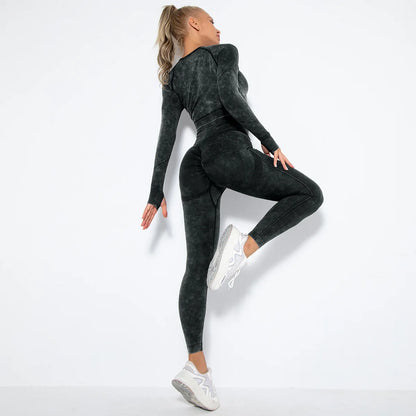 Women Seamless Tracksuit Yoga Set 2PCS Workout Clothes Athletic Wear Gym Legging Fitness Bra Crop Top Long Sleeve Sports Suits