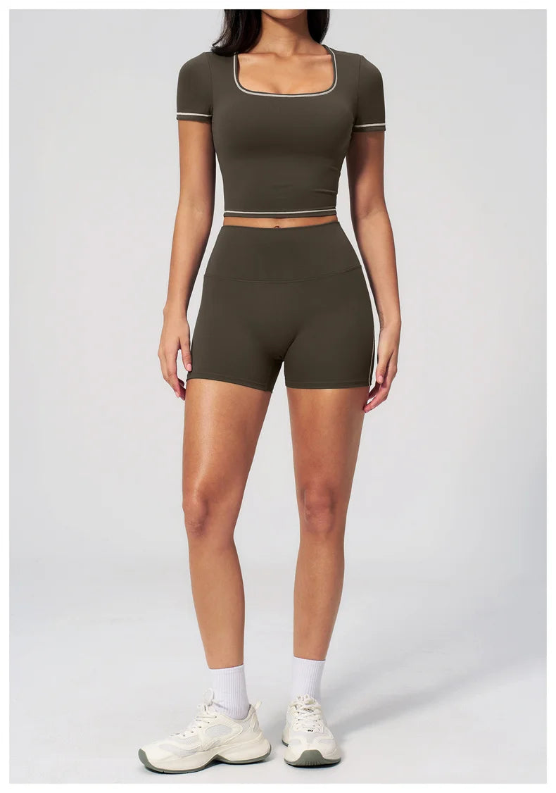 TRY TO BN 2 Pieces Women's Tracksuit Yoga Short Sleeves Top Sets High Waist Shorts Contrasting Color Running Fitness Gym Clothes