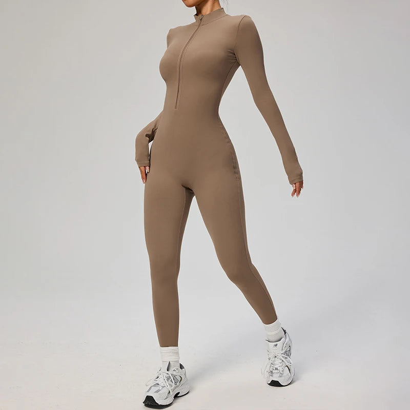 TRY TO BN Women's Jumpsuit Long Sleeve Zipper Shapewear Bodysuit Yoga Fitness One Piece Tights Gym Clothing Mono Deportivo Mujer