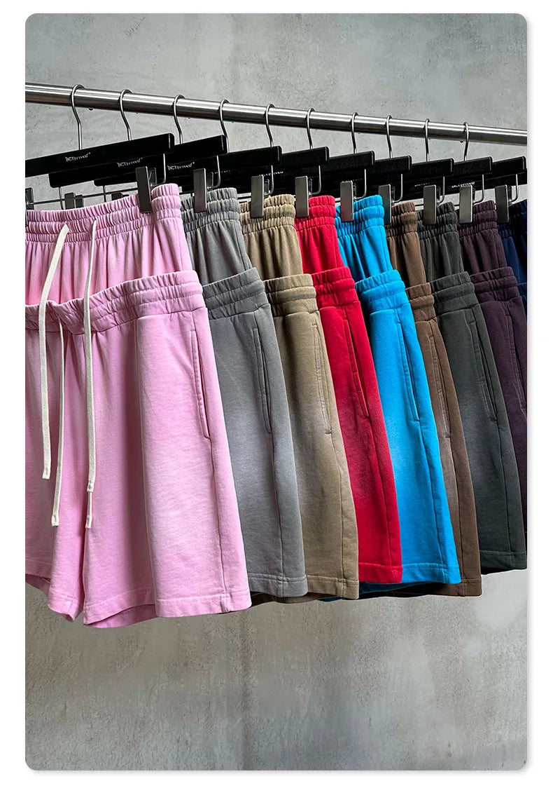 Custom LOGO men's 320G heavy 100% washed and old double waist high waist medium pants loose casual sports five-point shorts