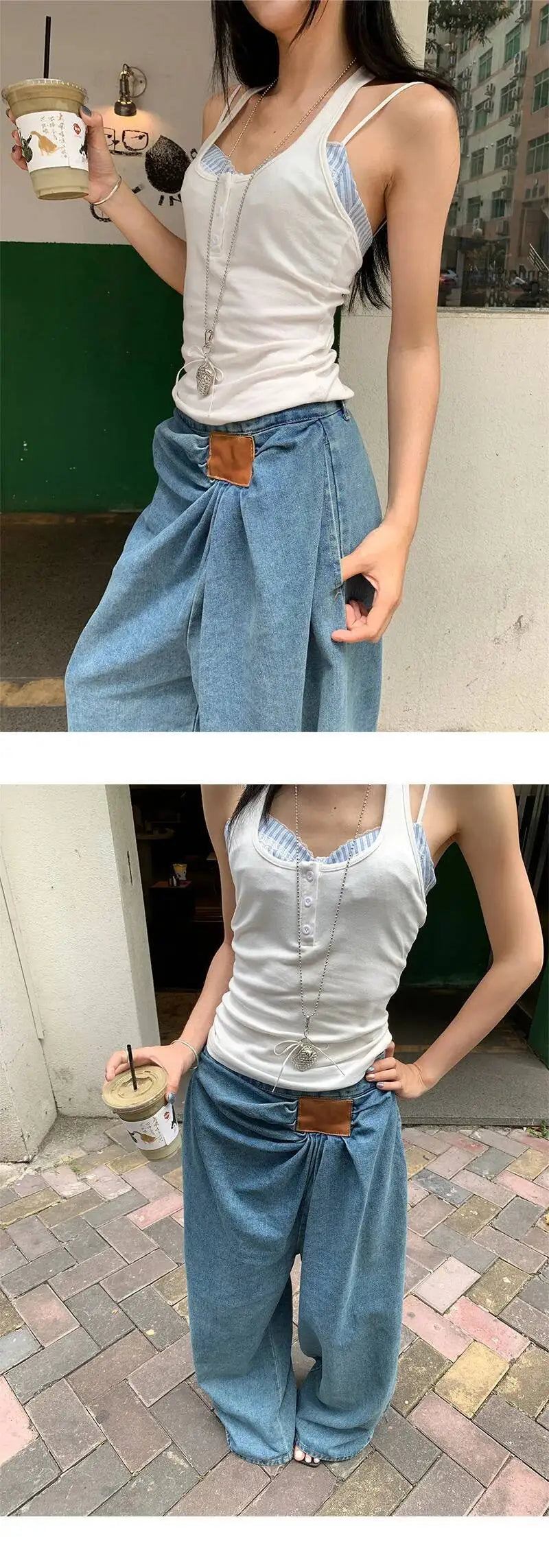 DEAT Fashion Folds Design Sense Jeans Women's High Waist Loose Wide Leg Blue Denim Pants Summer New Tide 7AB9503