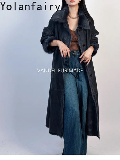 YOLANFAIRY Real Goatskin Leather Fur Coats for Women Winter High-end Natural Fur Coat Lazy Style Long Leather Jacket Luxury Wear