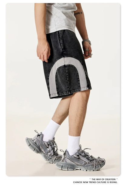 Customized LOGO men's summer European and American hip-hop style splicing contrasting shorts loose straight five-point pants