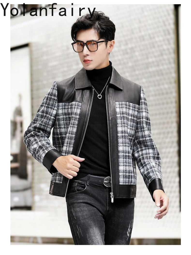 YOLANFAIRY Plaid Wool Spliced Genuine Sheepskin Jacket for Man Spring Autumn Short Woolen Coat Turn Down Collar abrigo hombre