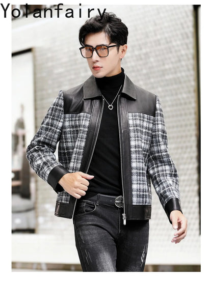 YOLANFAIRY Plaid Wool Spliced Genuine Sheepskin Jacket for Man Spring Autumn Short Woolen Coat Turn Down Collar abrigo hombre