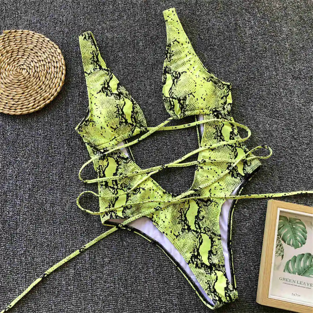 Sexy Bandage Wrap Around Tummy Cut Out Deep V Monokini One Piece Swimsuit Women Swimwear Female Bather Bathing Suit Swim V1037