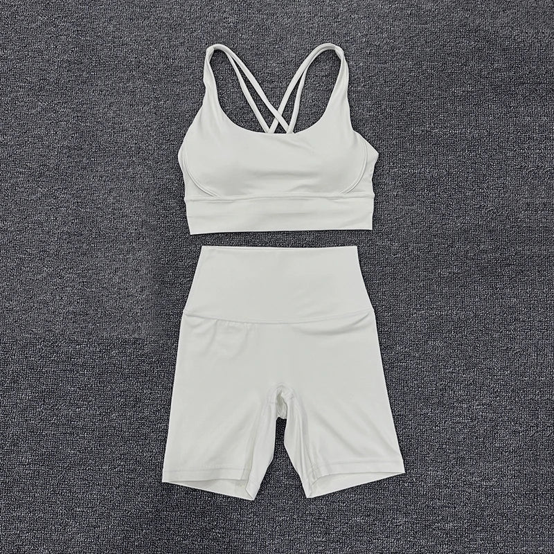 SOISOU Nylon Gym Yoga Set Women's Tracksuit Cycling Shorts Set Tight Elastic Short Chest Pad Removable Bra Womens Clothing