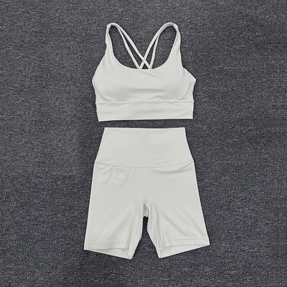 SOISOU Nylon Gym Yoga Set Women's Tracksuit Cycling Shorts Set Tight Elastic Short Chest Pad Removable Bra Womens Clothing