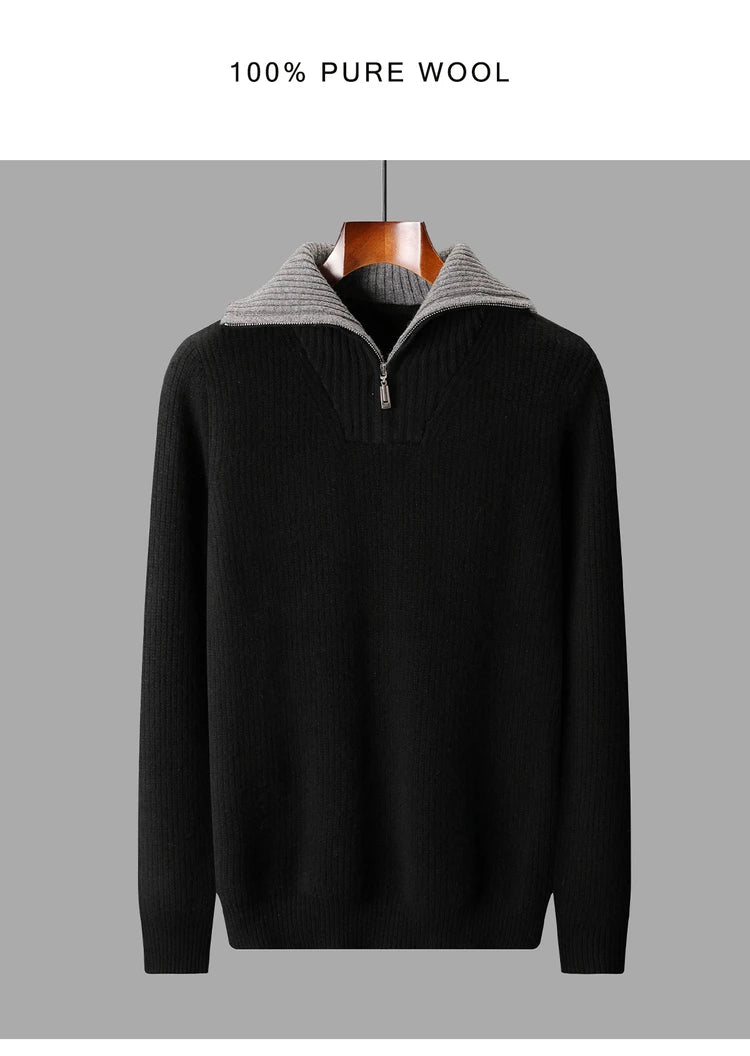 High Quality Men 100% Wool Sweater Turn Down Collar Zippers Pullover 2025 Autumn/Winter Thickened Soft Warm Knitwear Jumper Tops